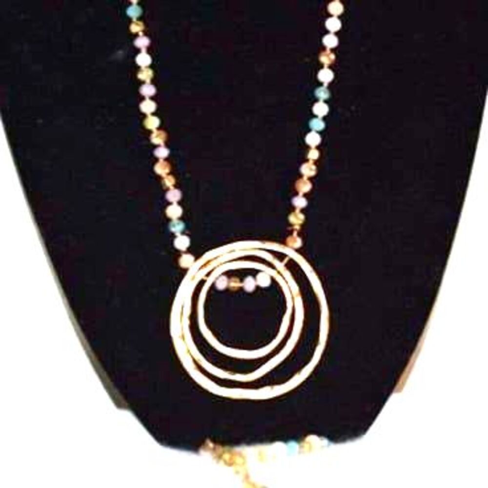 Retro Hammered Gold Tone Circles Pink/Blue/White Beveled Beards 20" Necklace